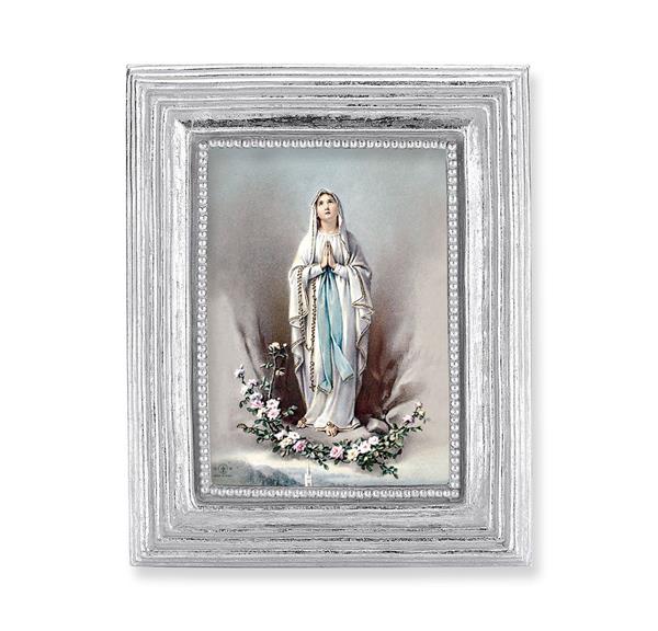 Our Lady of Lourdes Picture, Silver Finish 3-7/8"x4-3/4 Frame, Exclusive Gold Stamped Print Under Glass # 28375