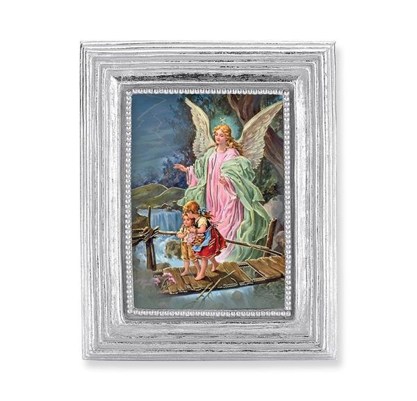 Guardian Angel with Children on Bridge Picture, Silver Finish 3-7/8"x4-3/4 Frame, Exclusive Gold Stamped Print Under Glass # 28383