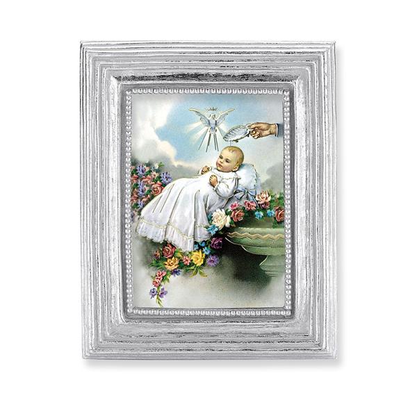 Baby Baptism Picture, Silver Finish 3-7/8"x4-3/4 Frame, Exclusive Gold Stamped Print Under Glass # 28387