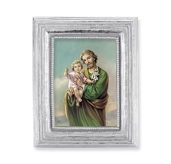 St. Joseph & Child Jesus Picture, Silver Finish 3-7/8"x4-3/4 Frame, Exclusive Gold Stamped Print Under Glass # 28391