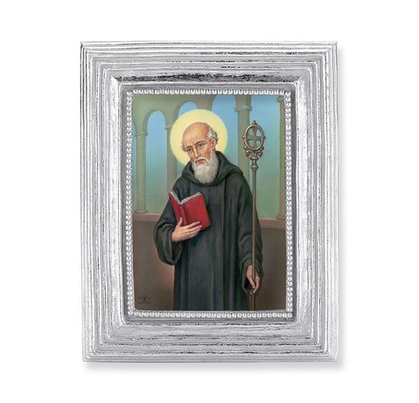 St. Benedict Picture, Silver Finish 3-7/8"x4-3/4 Frame, Exclusive Gold Stamped Print Under Glass # 28393