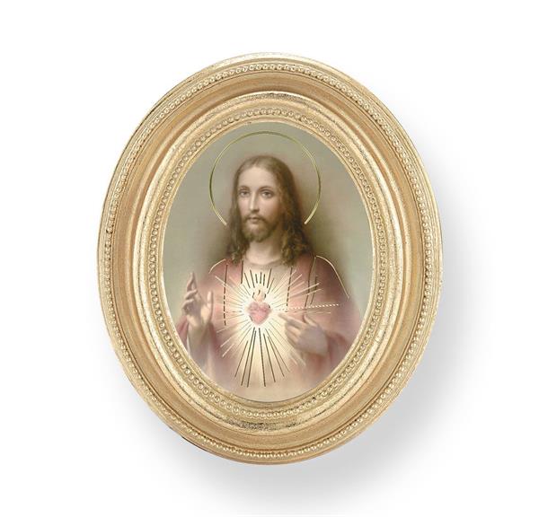 Sacred Heart, Gold Finish 3-3/4"x4-1/2 Oval Frame, Exclusive Gold Stamped Print Under Glass # 28399