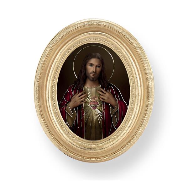 Simeone: Sacred Heart, Gold Finish 3-3/4"x4-1/2 Oval Frame, Exclusive Gold Stamped Print Under Glass # 28401