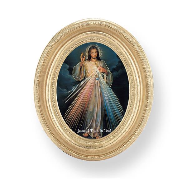 Divine Mercy Picture, Gold Finish 3-3/4"x4-1/2 Oval Frame, Exclusive Gold Stamped Print Under Glass # 28402