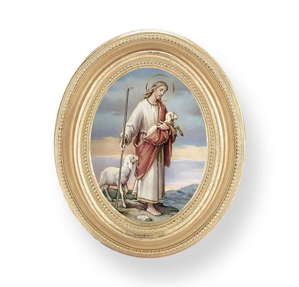 Good Shepherd Picture, Gold Finish 3-3/4"x4-1/2 Oval Frame, Exclusive Gold Stamped Print Under Glass # 28403