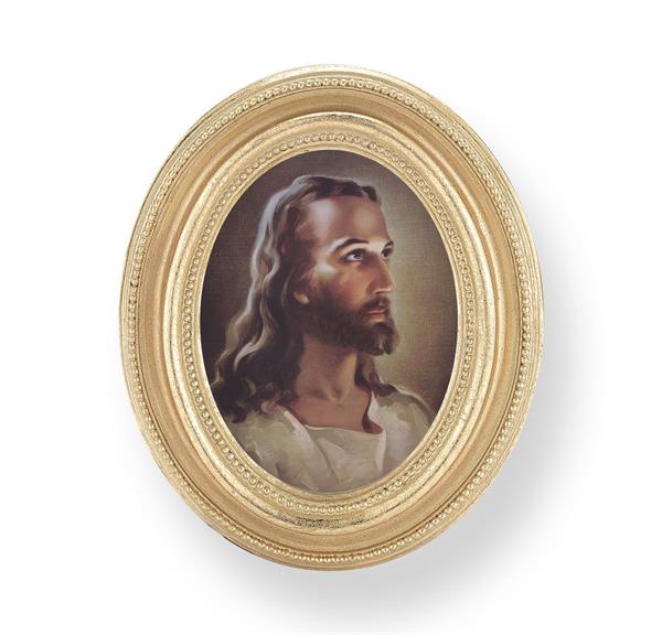 Sallman: Head of Christ Picture, Gold Finish 3-3/4"x4-1/2 Oval Frame, Exclusive Gold Stamped Print Under Glass # 28404