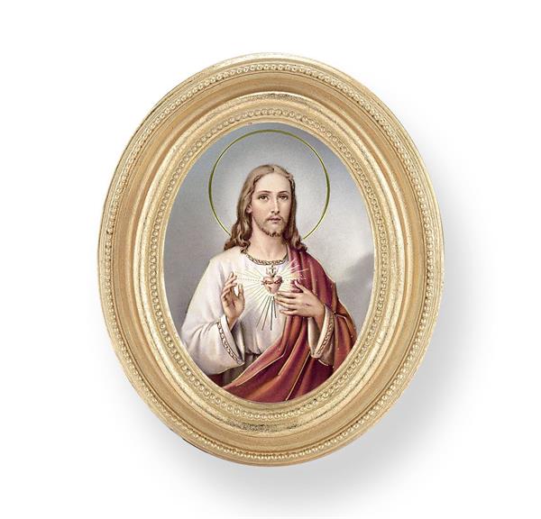 Sacred Heart of Jesus, Gold Finish 3-3/4"x4-1/2 Oval Frame, Exclusive Gold Stamped Print Under Glass # 28405