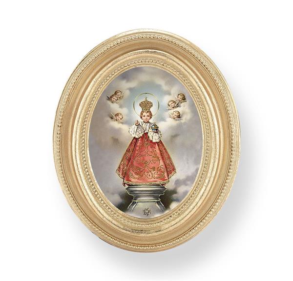 Infant of Prague with Angels Picture, Gold Finish 3-3/4"x4-1/2 Oval Frame, Exclusive Gold Stamped Print Under Glass # 28406