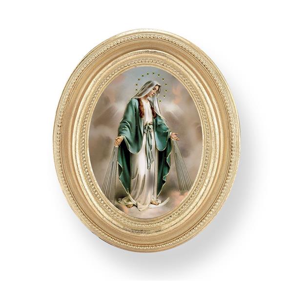 Our Lady of Grace Picture, Gold Finish 3-3/4"x4-1/2 Oval Frame, Exclusive Gold Stamped Print Under Glass # 28408