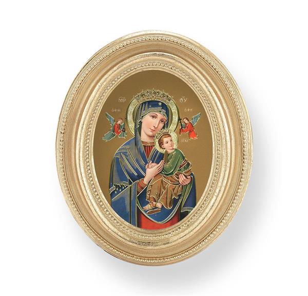Our Lady of Perpetual Help Picture, Gold Finish 3-3/4"x4-1/2 Oval Frame, Exclusive Gold Stamped Print Under Glass # 28409