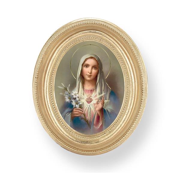 Immaculate Heart of Mary Picture, Gold Finish 3-3/4"x4-1/2 Oval Frame, Exclusive Gold Stamped Print Under Glass # 28411