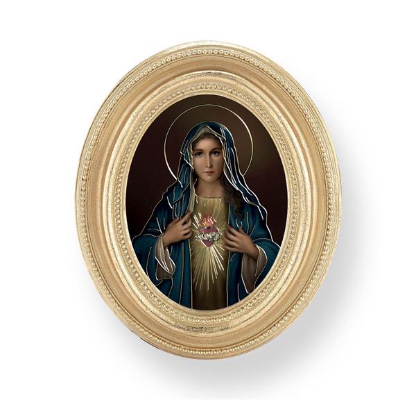 Simeone Immaculate Heart of Mary Picture, Gold Finish 3-3/4"x4-1/2 Oval Frame, Exclusive Gold Stamped Print Under Glass # 28412