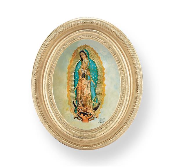Our Lady of Guadalupe Picture, Gold Finish 3-3/4"x4-1/2 Oval Frame, Exclusive Gold Stamped Print Under Glass # 28413