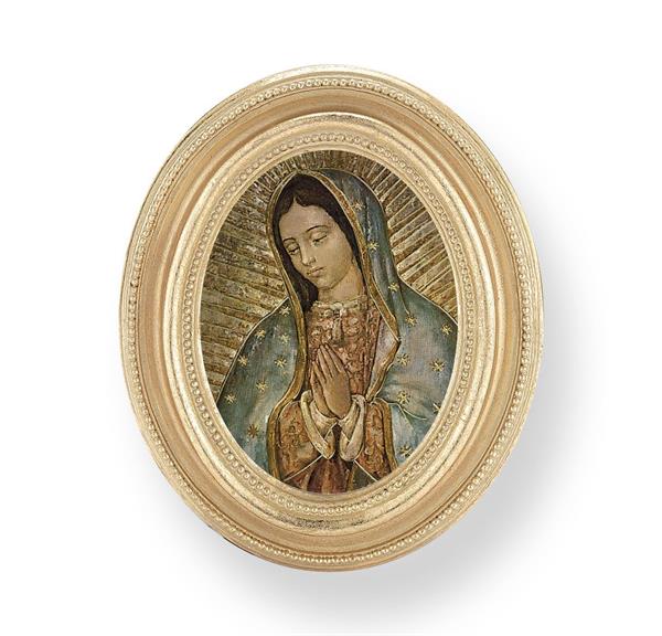Our Lady of Guadalupe Picture, Gold Finish 3-3/4"x4-1/2 Oval Frame, Exclusive Gold Stamped Print Under Glass # 28414