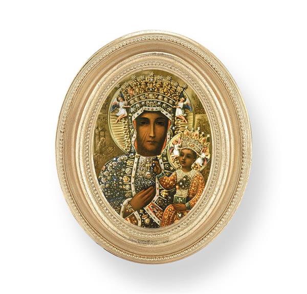 Our Lady of Czestochowa Picture, Gold Finish 3-3/4"x4-1/2 Oval Frame, Exclusive Gold Stamped Print Under Glass # 28415