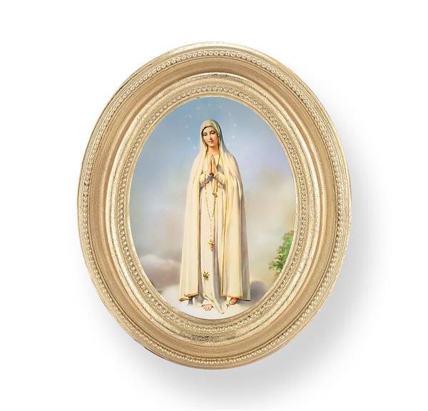 Our Lady of Fatima Picture, Gold Finish 3-3/4"x4-1/2 Oval Frame, Exclusive Gold Stamped Print Under Glass # 28416