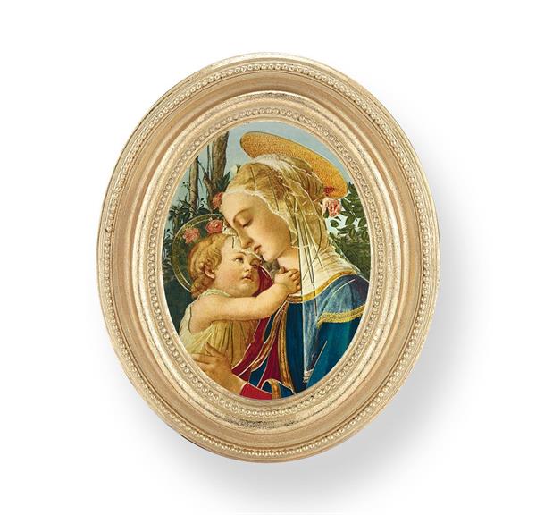 Madonna & Child Picture, Gold Finish 3-3/4"x4-1/2 Oval Frame, Exclusive Gold Stamped Print Under Glass # 28417