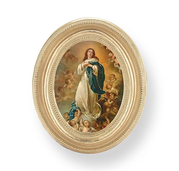 Immaculate Conception Picture, Gold Finish 3-3/4"x4-1/2 Oval Frame, Exclusive Gold Stamped Print Under Glass # 28418