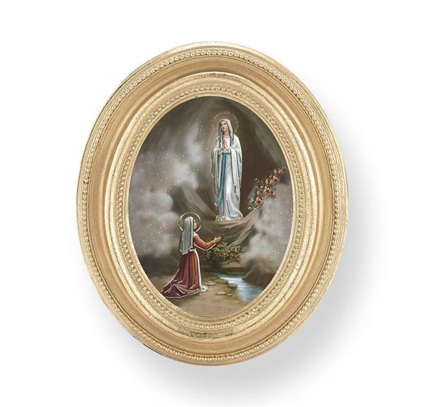 Our Lady of Lourdes Picture, Gold Finish 3-3/4"x4-1/2 Oval Frame, Exclusive Gold Stamped Print Under Glass # 28419