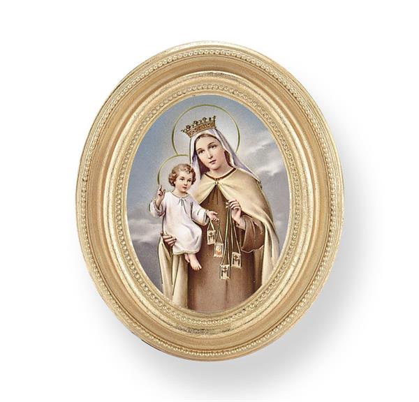 Our Lady of Mount Carmel Picture, Gold Finish 3-3/4"x4-1/2 Oval Frame, Exclusive Gold Stamped Print Under Glass # 28421