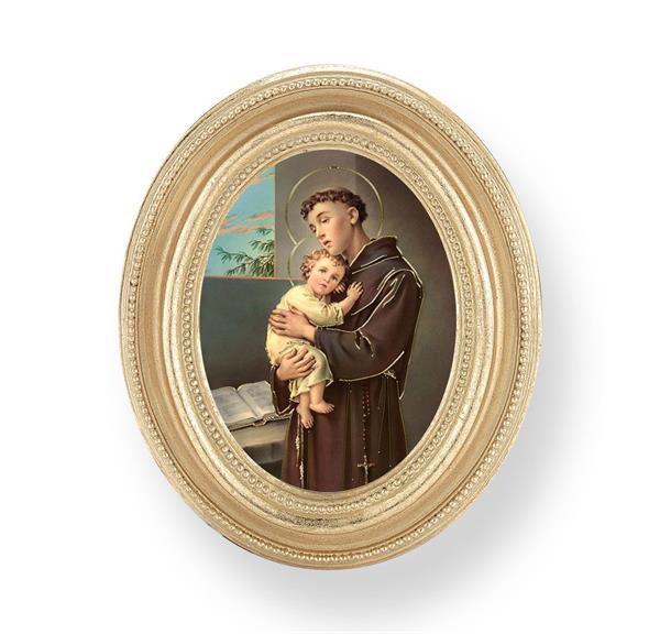 St. Anthony & Child Picture, Gold Finish 3-3/4"x4-1/2 Oval Frame, Exclusive Gold Stamped Print Under Glass # 28422