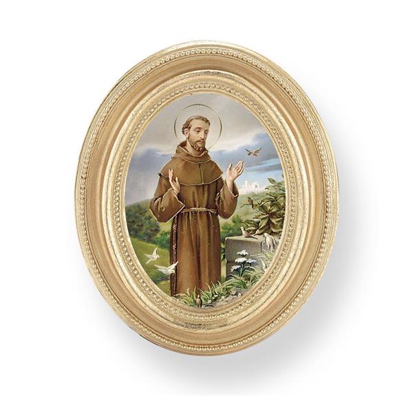 St. Francis of Assisi Picture, Gold Finish 3-3/4"x4-1/2 Oval Frame, Exclusive Gold Stamped Print Under Glass # 28423