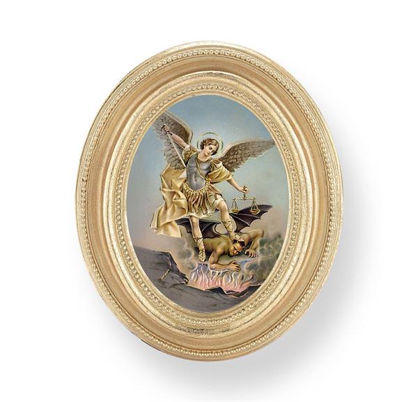 St. Michael Picture, Gold Finish 3-3/4"x4-1/2 Oval Frame, Exclusive Gold Stamped Print Under Glass # 28425
