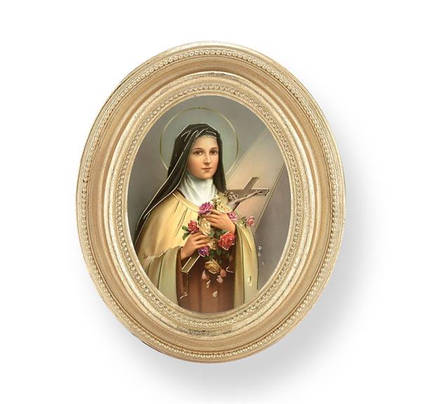 St. Therese of Lisieux Picture, Gold Finish 3-3/4"x4-1/2 Oval Frame, Exclusive Gold Stamped Print Under Glass # 28426
