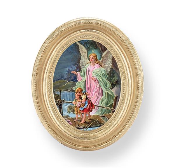 Guardian Angel with Children on Bridge Picture, Gold Finish 3-3/4"x4-1/2 Oval Frame, Exclusive Gold Stamped Print Under Glass # 28427