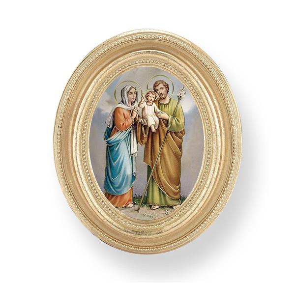 Holy Family Picture, Gold Finish 3-3/4"x4-1/2 Oval Frame, Exclusive Gold Stamped Print Under Glass # 28430