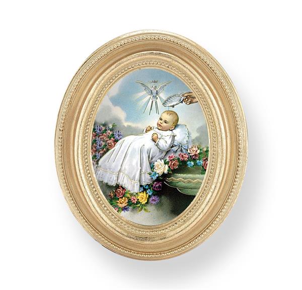Baby Baptism Picture, Gold Finish 3-3/4"x4-1/2 Oval Frame, Exclusive Gold Stamped Print Under Glass # 28431