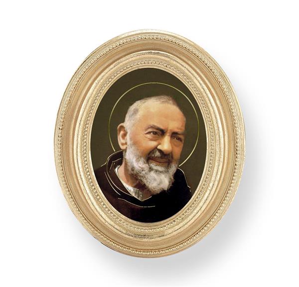 St. Padre Pio Picture, Gold Finish 3-3/4"x4-1/2 Oval Frame, Exclusive Gold Stamped Print Under Glass # 28432