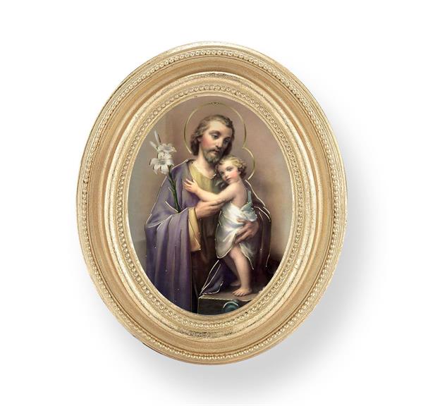 St. Joseph & Child Picture, Gold Finish 3-3/4"x4-1/2 Oval Frame, Exclusive Gold Stamped Print Under Glass # 28434