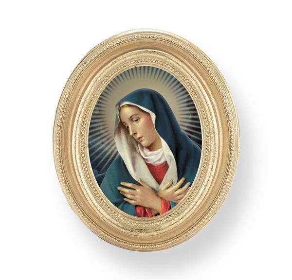 Our Lady of Divine Mercy Picture, Gold Finish 3-3/4"x4-1/2 Oval Frame, Exclusive Gold Stamped Print Under Glass # 28436