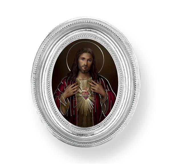 Simeone: Sacred Heart, Silver Finish 3-3/4"x4-1/2 Oval Frame, Exclusive Gold Stamped Print Under Glass # 28438
