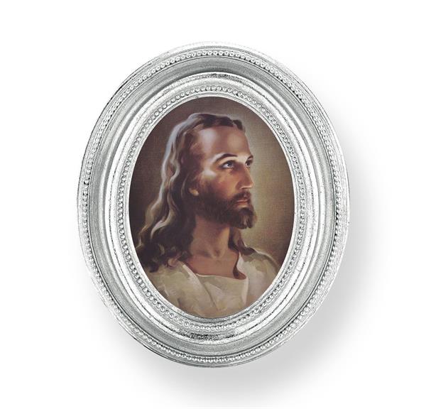 Sallman: Head of Christ Picture, Silver Finish 3-3/4"x4-1/2 Oval Frame, Exclusive Gold Stamped Print Under Glass # 28440