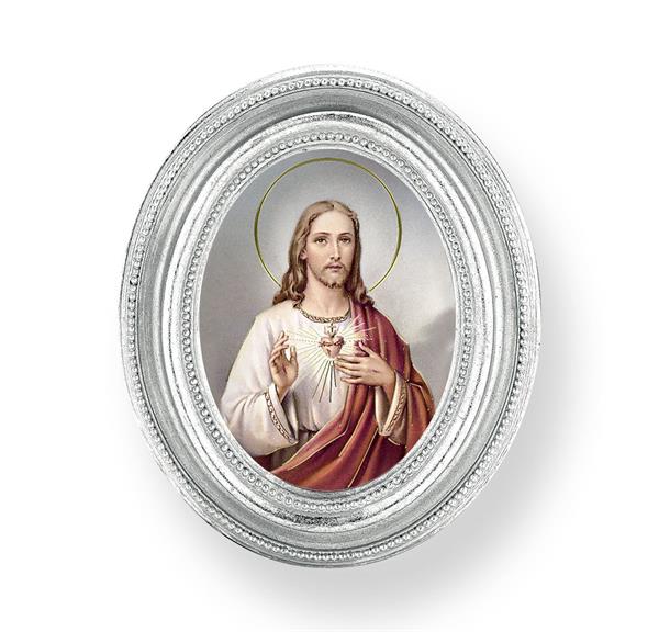 Sacred Heart of Jesus, Silver Finish 3-3/4"x4-1/2 Oval Frame, Exclusive Gold Stamped Print Under Glass # 28441