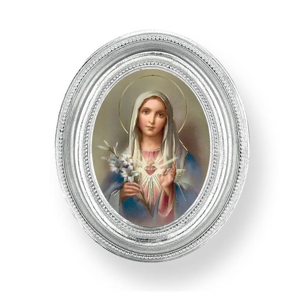 Immaculate Heart of Mary Picture, Silver Finish 3-3/4"x4-1/2 Oval Frame, Exclusive Gold Stamped Print Under Glass # 28446
