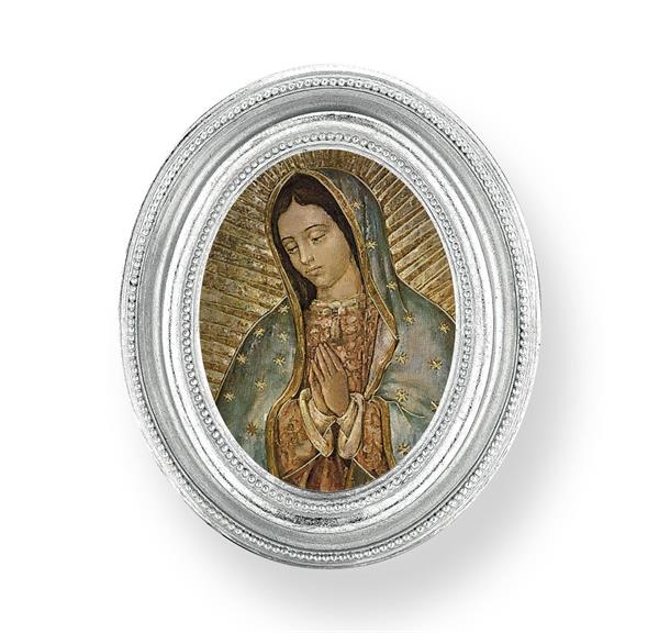 Our Lady of Guadalupe Picture, Silver Finish 3-3/4"x4-1/2 Oval Frame, Exclusive Gold Stamped Print Under Glass # 28449