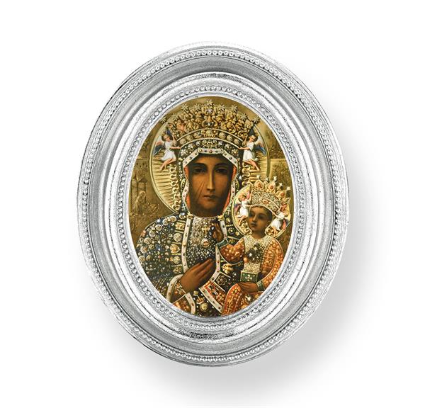 Our Lady of Czestochowa Picture, Silver Finish 3-3/4"x4-1/2 Oval Frame, Exclusive Gold Stamped Print Under Glass # 28450