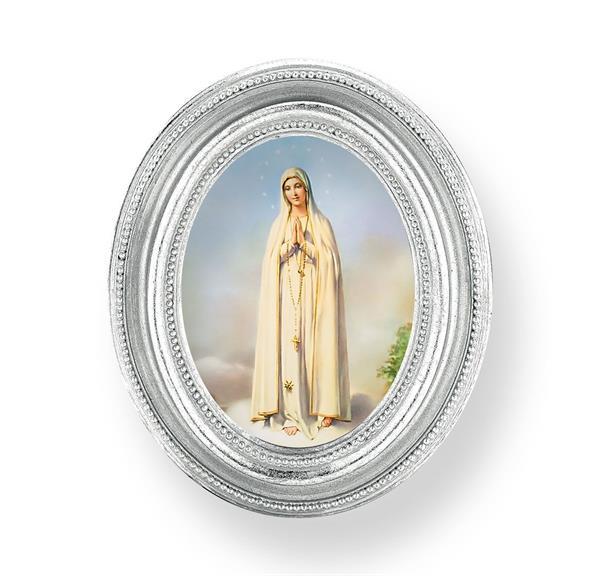 Our Lady of Fatima Picture, Silver Finish 3-3/4"x4-1/2 Oval Frame, Exclusive Gold Stamped Print Under Glass # 28451