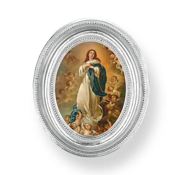 Immaculate Conception Picture, Silver Finish 3-3/4"x4-1/2 Oval Frame, Exclusive Gold Stamped Print Under Glass # 28453