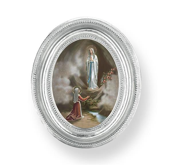 Our Lady of Lourdes Picture, Silver Finish 3-3/4"x4-1/2 Oval Frame, Exclusive Gold Stamped Print Under Glass # 28454