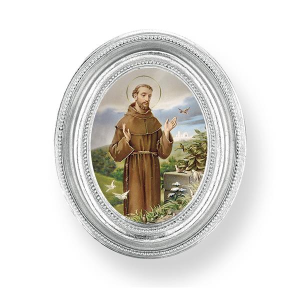 St. Francis of Assisi Picture, Silver Finish 3-3/4"x4-1/2 Oval Frame, Exclusive Gold Stamped Print Under Glass # 28457