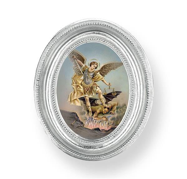 St. Michael Picture, Silver Finish 3-3/4"x4-1/2 Oval Frame, Exclusive Gold Stamped Print Under Glass # 28459