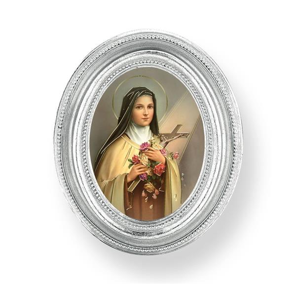 St. Therese of Lisieux Picture, Silver Finish 3-3/4"x4-1/2 Oval Frame, Exclusive Gold Stamped Print Under Glass # 28460