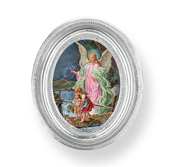 Guardian Angel with Children on Bridge Picture, Silver Finish 3-3/4"x4-1/2 Oval Frame, Exclusive Gold Stamped Print Under Glass # 28461