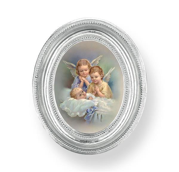 Guardian Angels Over Baby in Crib Picture, Silver Finish 3-3/4"x4-1/2 Oval Frame, Exclusive Gold Stamped Print Under Glass # 28462