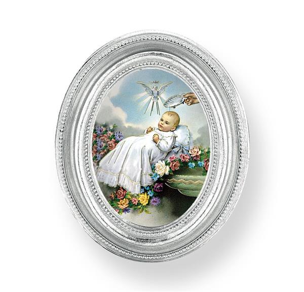 Baby Baptism Picture, Silver Finish 3-3/4"x4-1/2 Oval Frame, Exclusive Gold Stamped Print Under Glass # 28465
