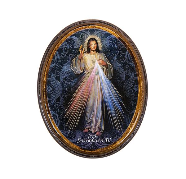 Spanish Divine Mercy in 4"x5" Oval Gold Embossed Wood Frame # 28519